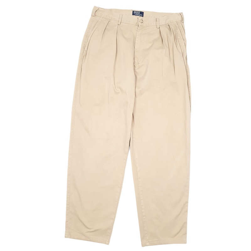 Mens Polo Ralph Lauren Vintage 80s Double Pleated Made In USA Beige Chino Cotton  Trousers Mens W34 L32