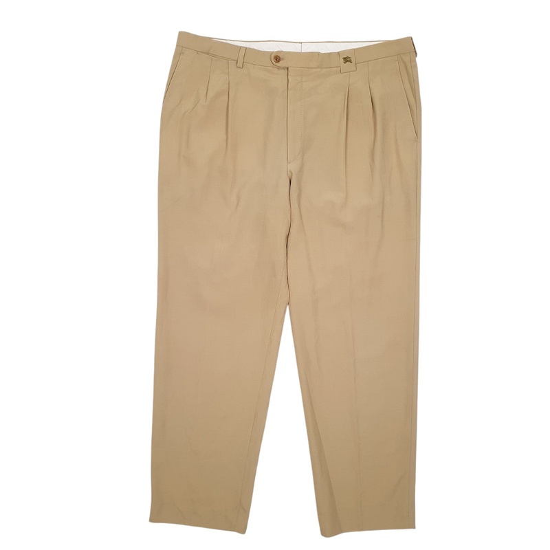 Mens Burberry Pelican Double Pleated Slacks London Beige Chino Polyester  &  Wool  Trousers Mens W38 L30
