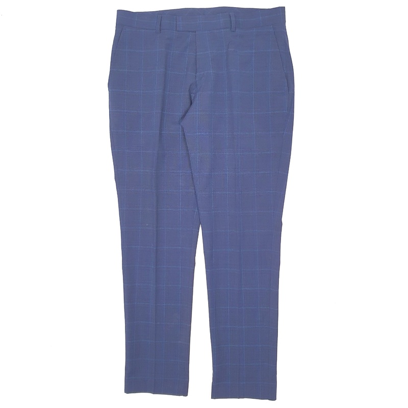 Mens Moss Bros Check Navy Formal Polyester  &  Wool  Trousers Mens W34 L31