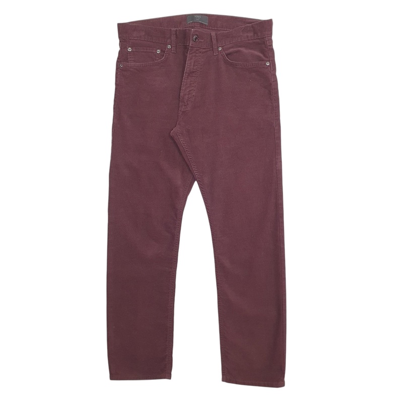 Mens M&S Burgundy Corduroy Cotton  Trousers Mens W34 L28