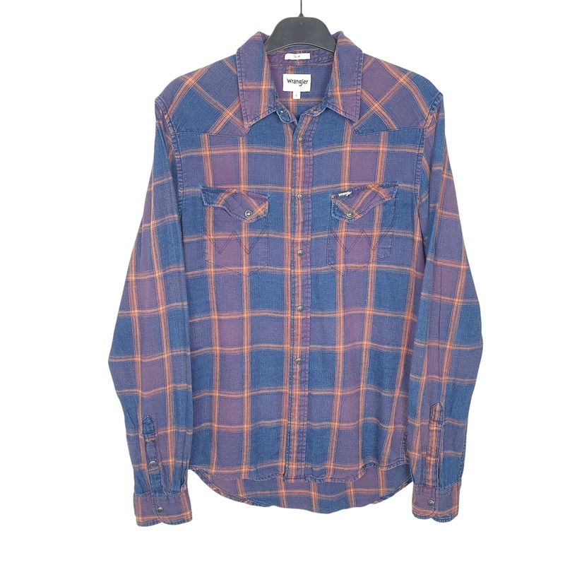 Wrangler Western Pearl Snap Cowboy Long Sleeve Slim Fit Check Cotton Shirt Mens XS